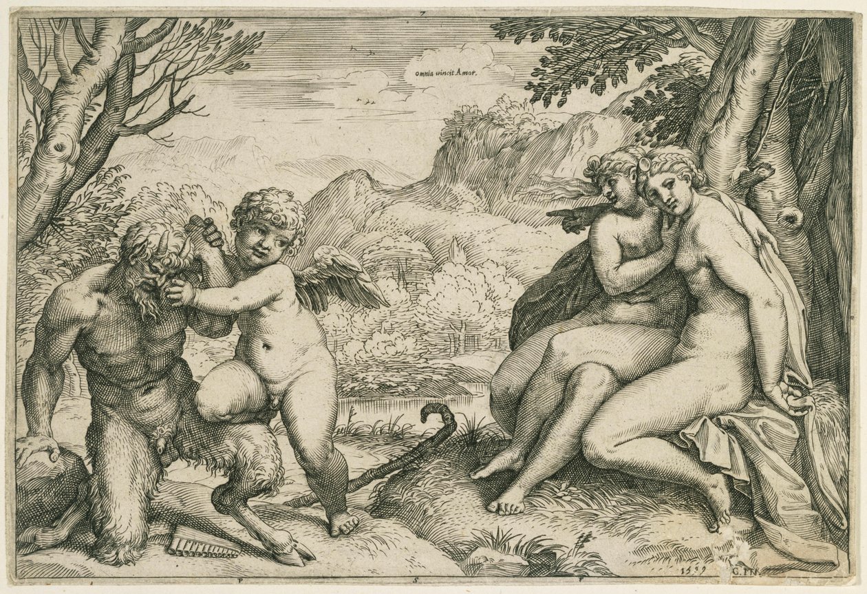 Omnia vincit Amor (Amor přemáhá Pana, vpravo dvě nymfy pod stromem, v krajině) od Agostino Carracci