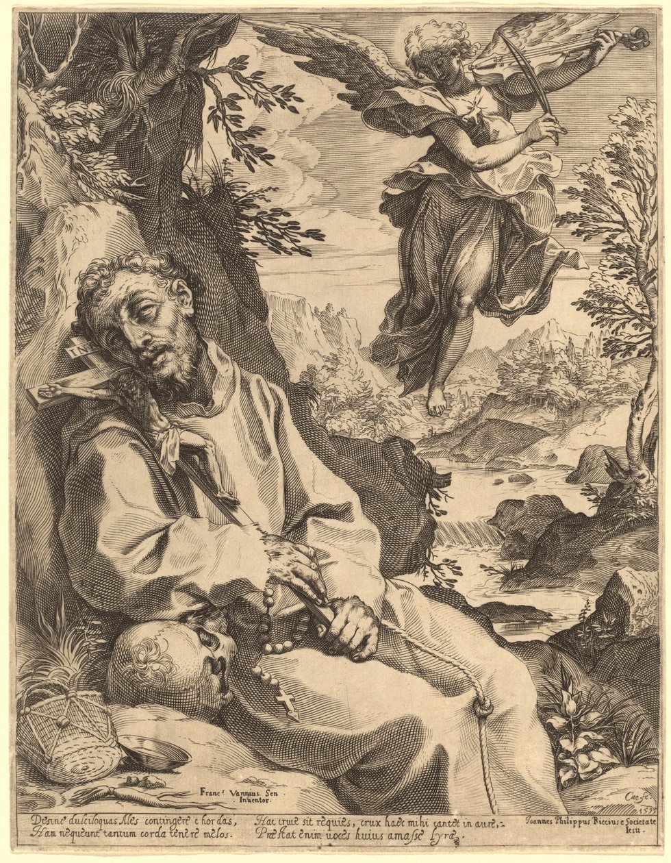 Svatý František utěšovaný hudebním andělem od Agostino Carracci