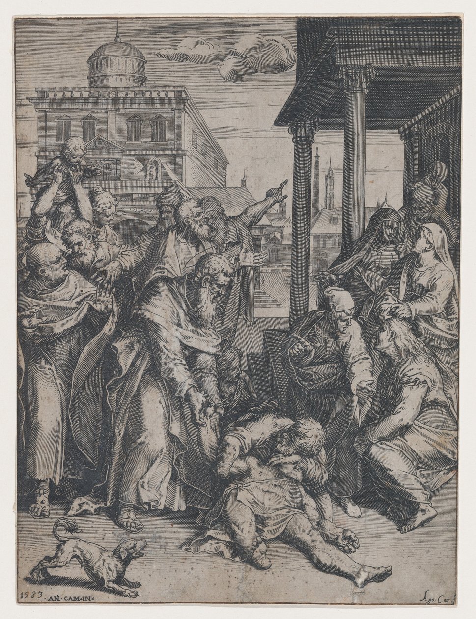 Svatý Pavel zvedá Patrokla, který je na zemi, obklopený skupinou přihlížejících, ..., 1583. od Agostino Carracci