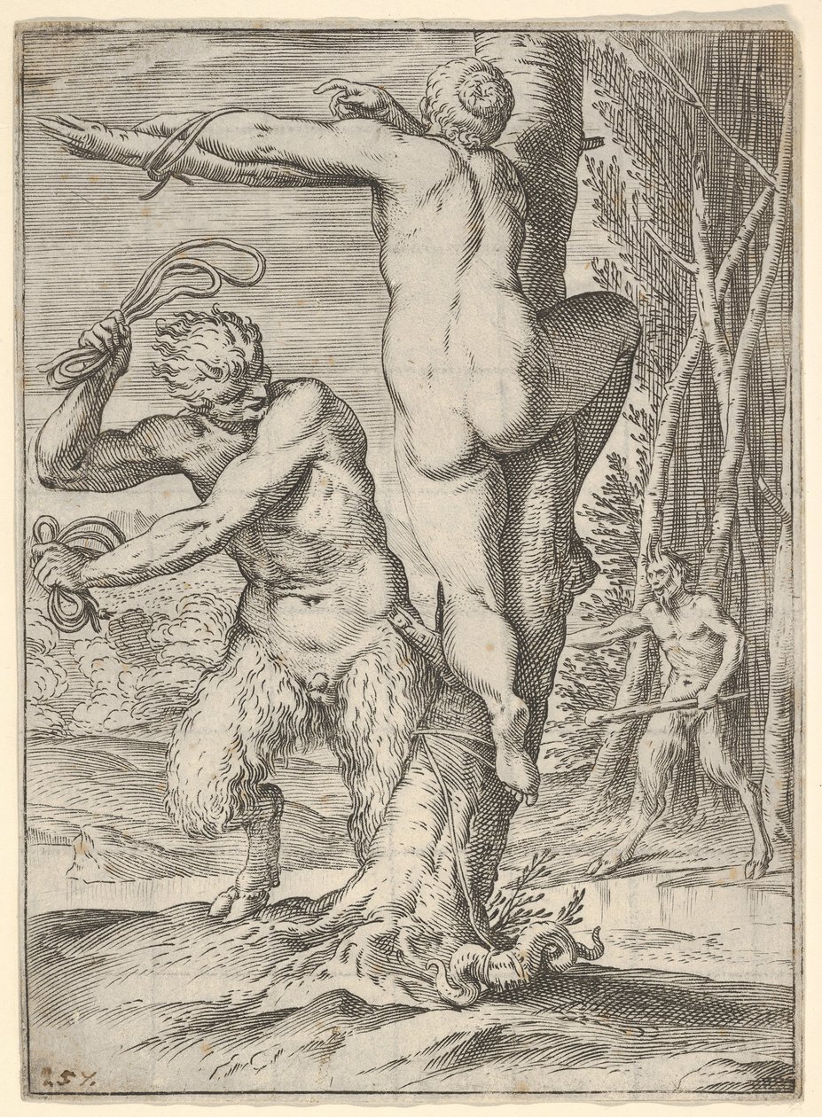 Satyr bičující nymfu, která je zobrazena zezadu a přivázaná ke stromu, druhý saty..., ca. 1590-95. od Agostino Carracci