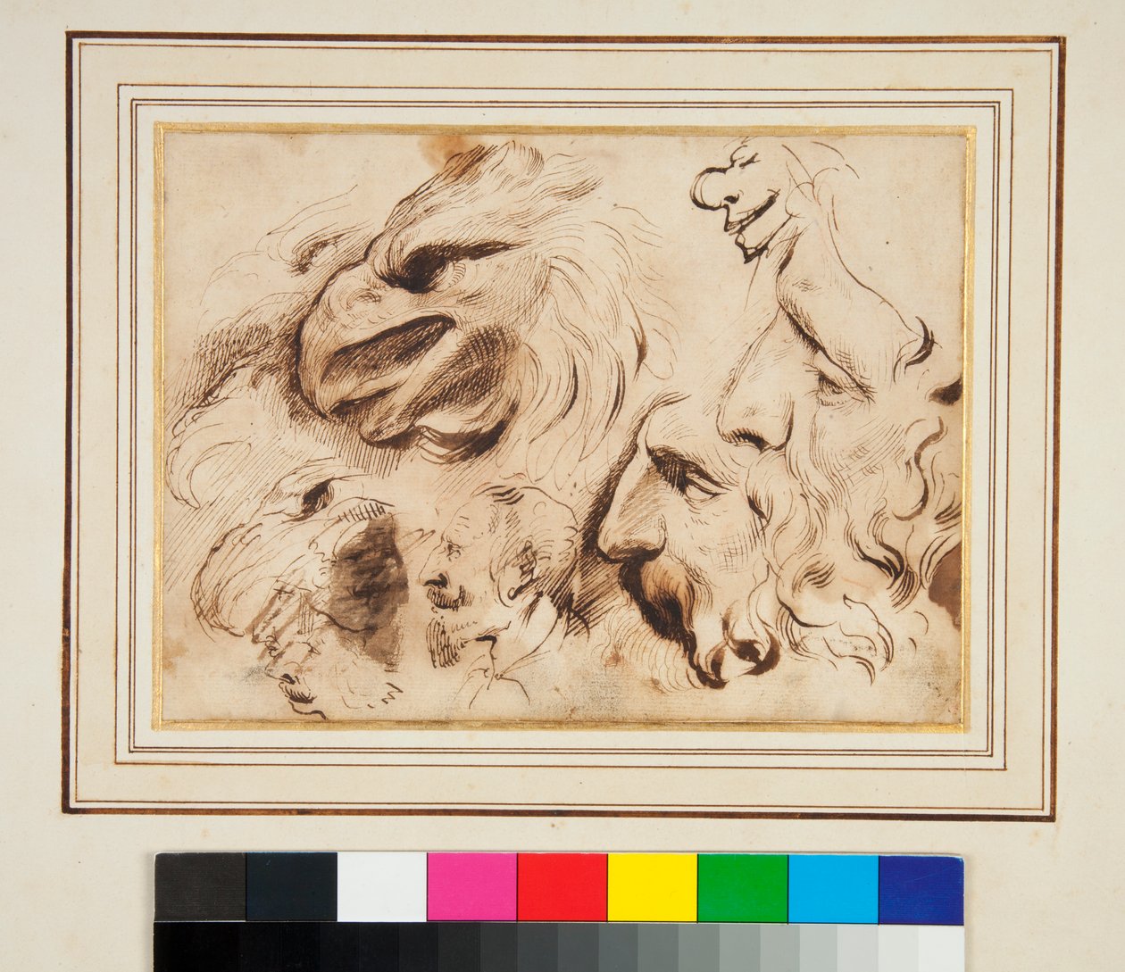 List studií s hlavou orla a mužské profily a karikatury (pero a hnědý inkoust a trochu hnědého mytí) od Agostino Carracci