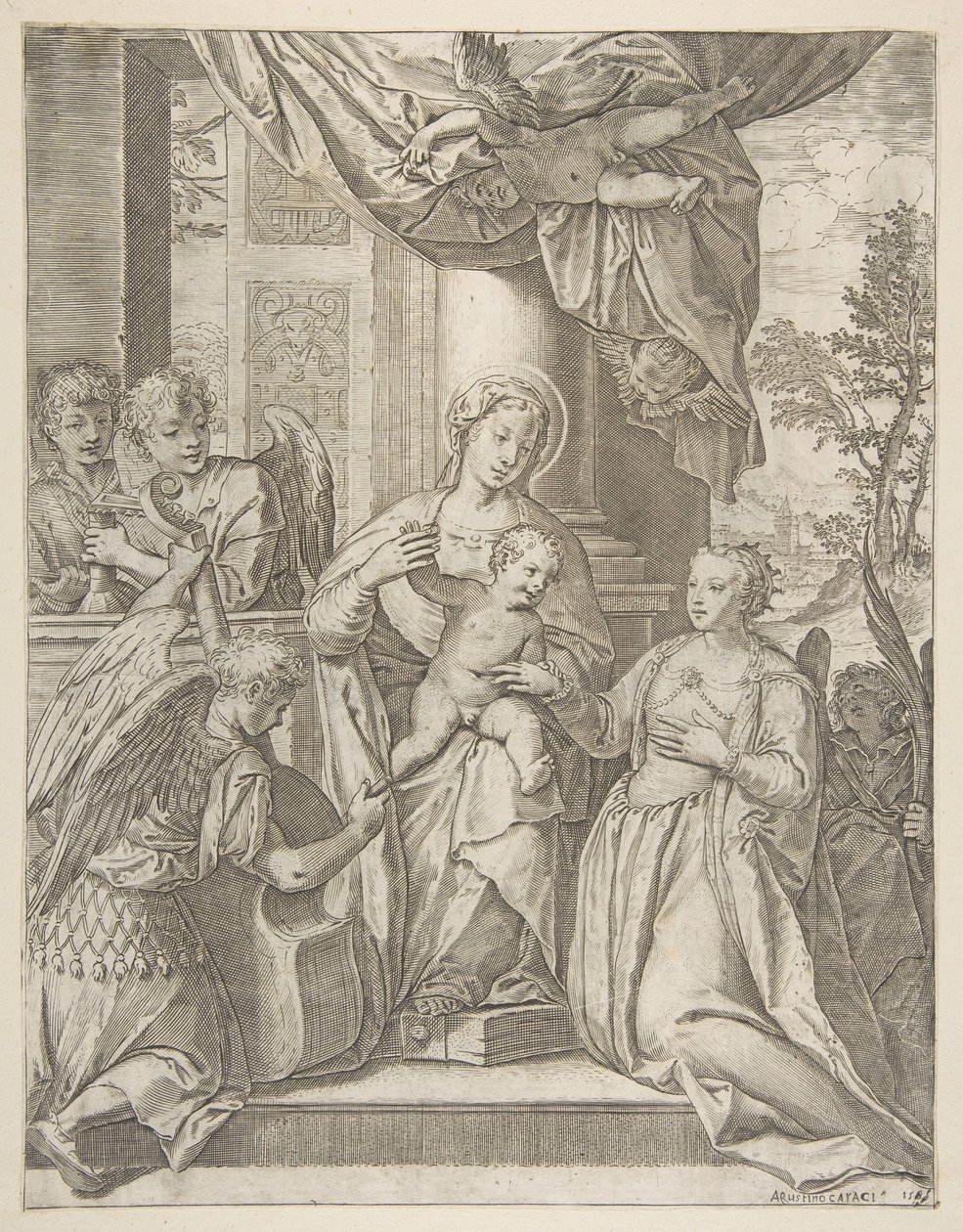 Mystické manželství svaté Kateřiny, která sedí v centru s Kristovým dítětem, anděly s..., 1585. od Agostino Carracci