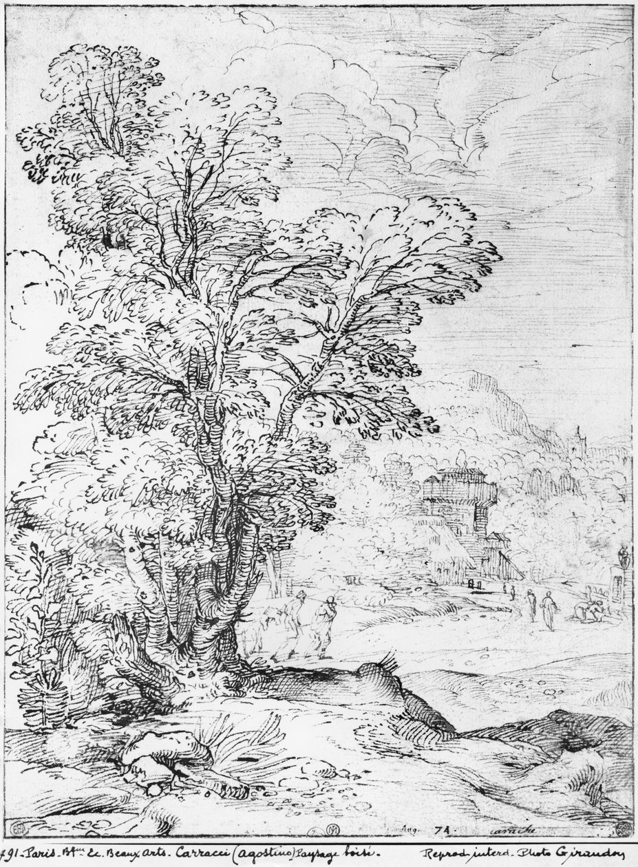 Zalesněná krajina (pero a inkoust na papíře) (černobílá fotografie) od Agostino Carracci