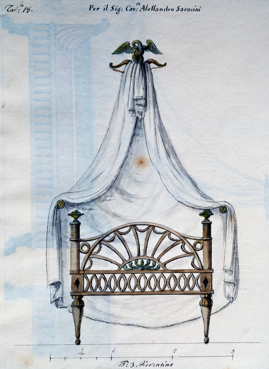 Postel s nebesy pro Alexandra Saracéna, z dílny tesaře a zámečníka, kterou jsem navrhl a navrhl Agostino Fantastici), rukopis 3, deska 18 (1782-1845) od Agostino Fantastici