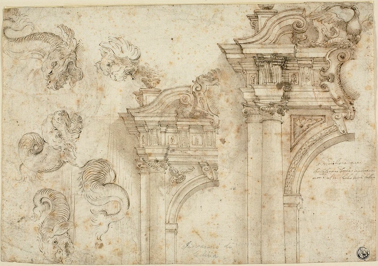 List náčrtů: Mořské příšery a propracované portály (recto); Náčrty architektonických detailů (verze) od Agostino Mitelli