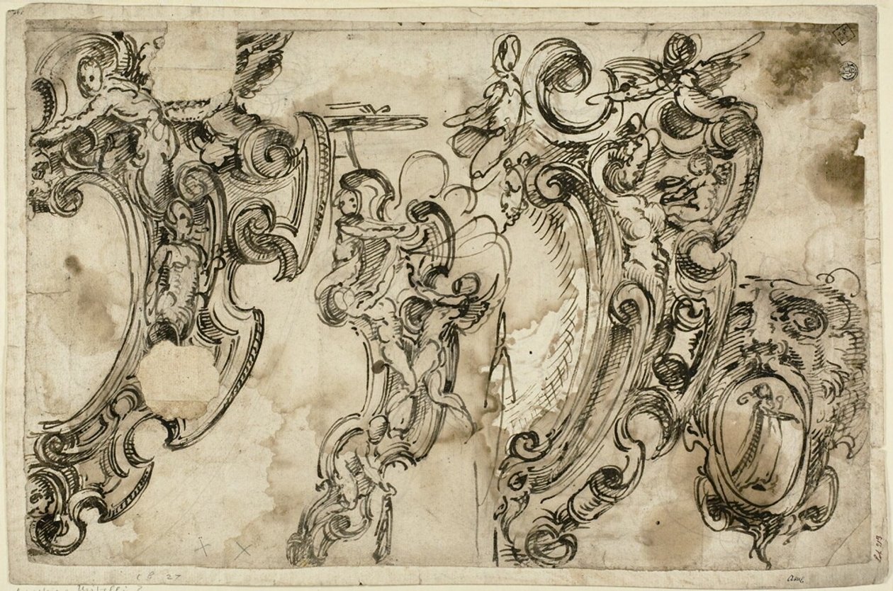 Náčrty dekorativních motivů (recto); náčrt dekorativního motivu (verso) od Agostino Mitelli