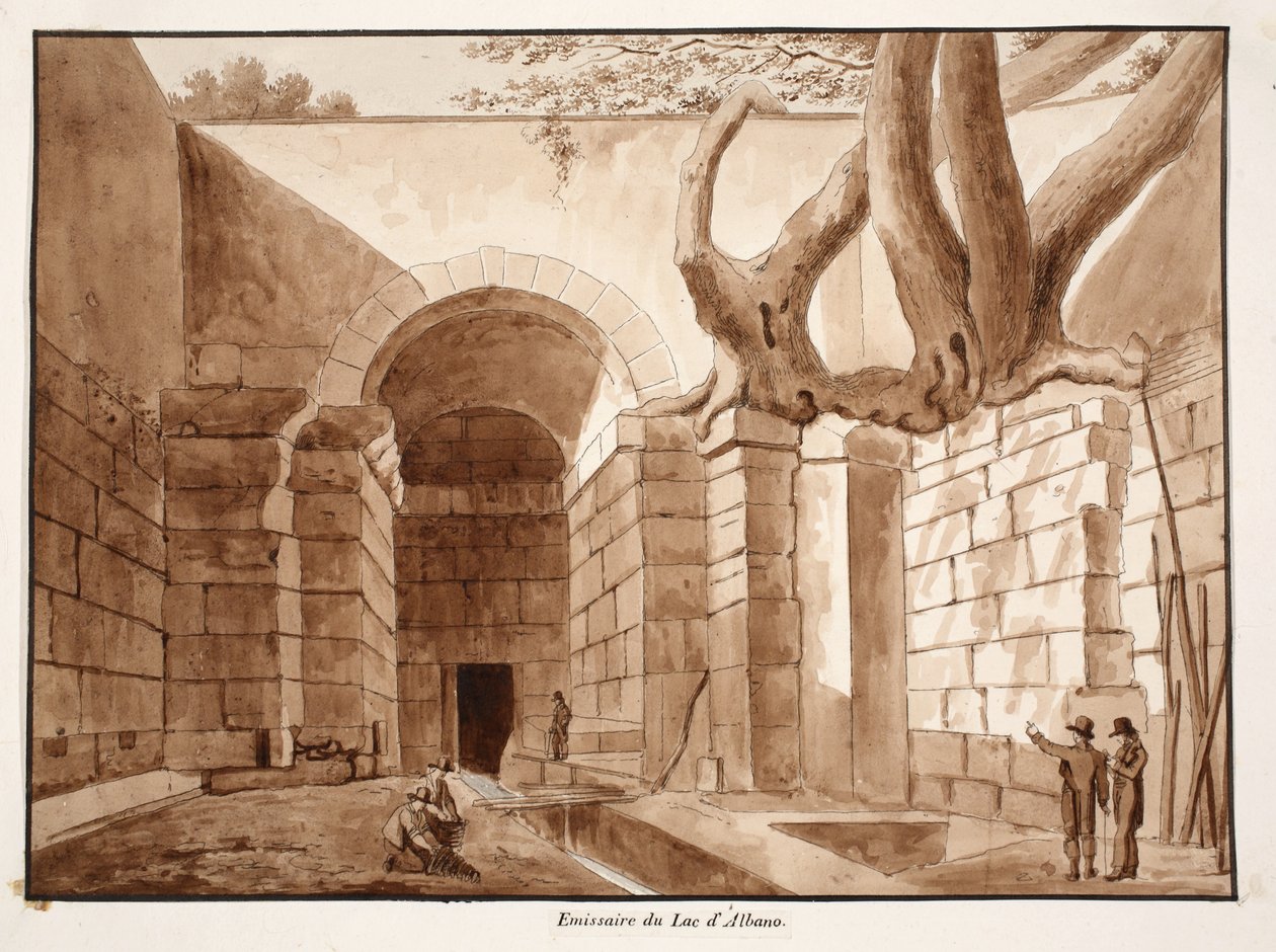 Emissarium jezera Albano, 1833 (lept s hnědým lavírováním) od Agostino Tofanelli