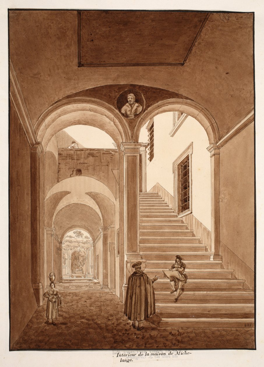Interiér Michelangelova domu, 1833 (lept s hnědým lakem) od Agostino Tofanelli