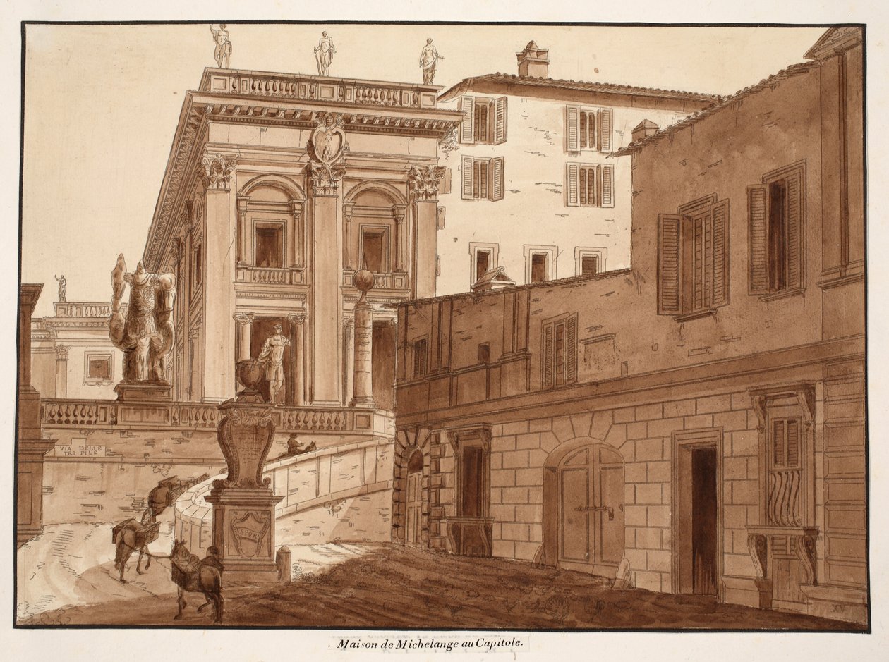 Michelangelův dům na Capitoline Hill, 1833 (lept s hnědým lavírováním) od Agostino Tofanelli