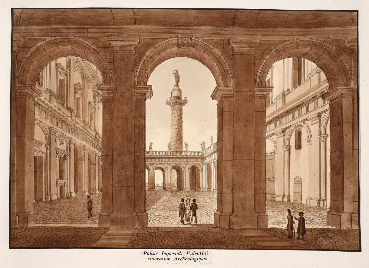 Palazzo Imperiali Valentini. Archeologické restaurování., 1833 (lept s hnědou lazurou) od Agostino Tofanelli