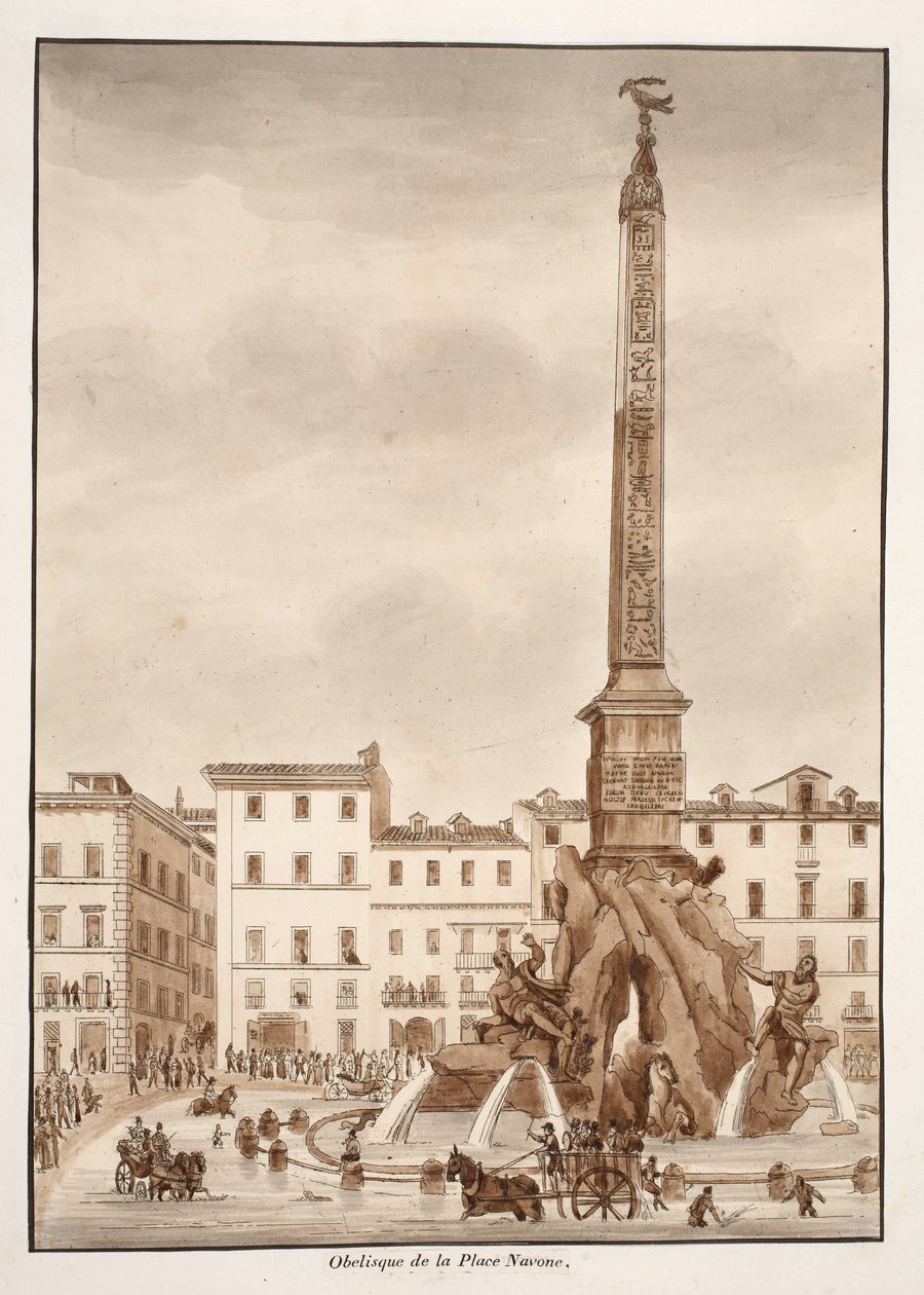 Obelisk na náměstí Piazza Navona, 1833 (lept s hnědým lakem) od Agostino Tofanelli