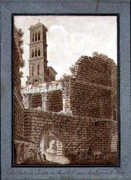 Martův chrám na Foru v Římě, kolem roku 1800 (pero a inkoust se sépií na papíře) od Agostino Tofanelli