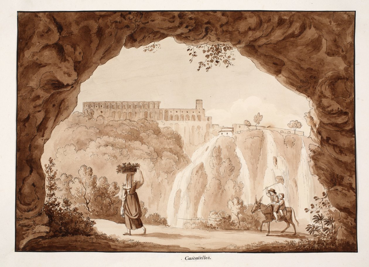 Vodopády v Tivoli, 1833 (lept s hnědou lazurou) od Agostino Tofanelli