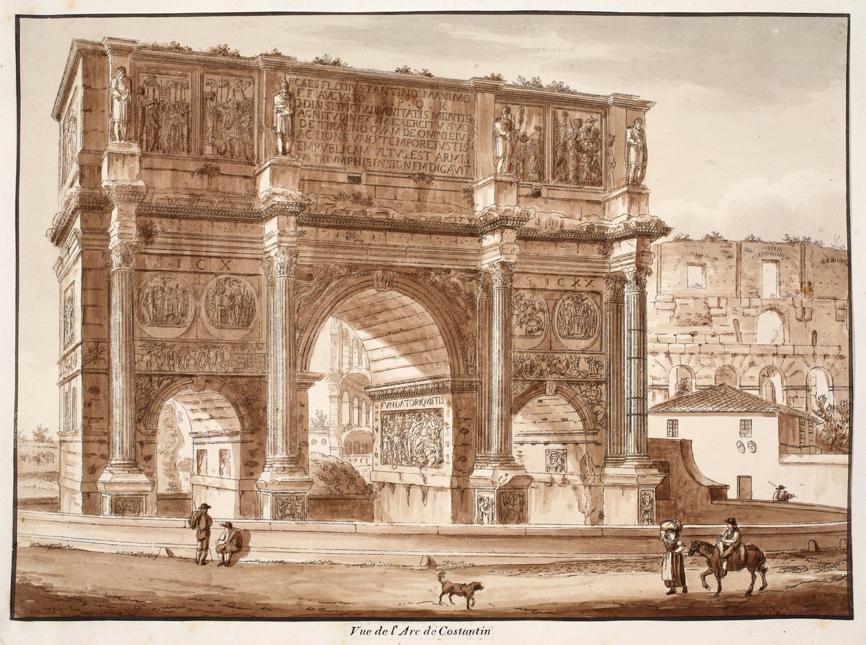 Pohled na Konstantinův oblouk, 1833 (lept s hnědou lazurou) od Agostino Tofanelli