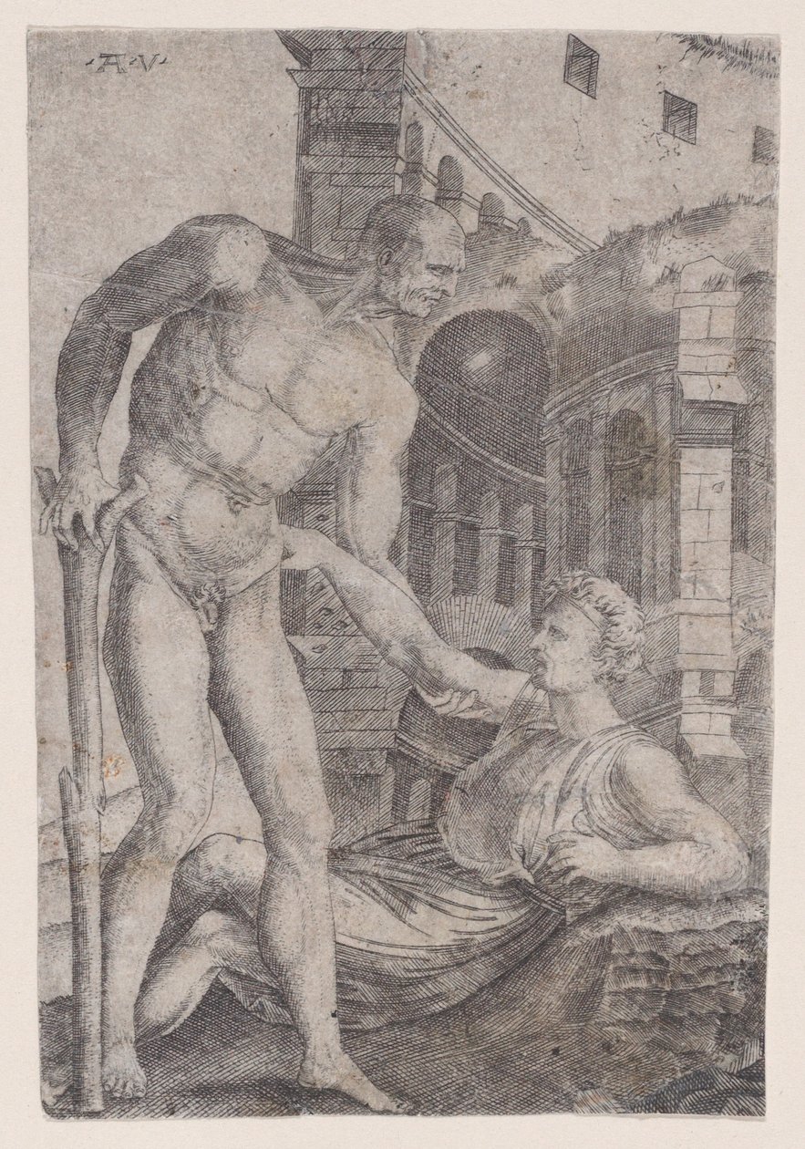 Muž pomáhá druhému na nohy, ca. 1514-36. od Agostino Veneziano