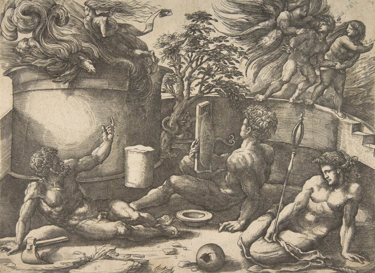 Kain drží zrcadlo a sleduje jeho oběť pohlcenou plameny, Adam a Eva sedí..., ca. 1530-50. od Agostino Veneziano