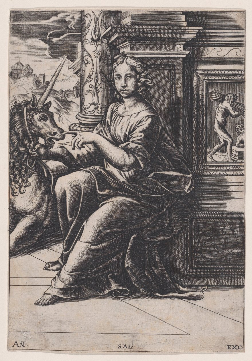 Cudnost, žena sedící, po její pravici jednorožec, c. 1515-30. od Agostino Veneziano