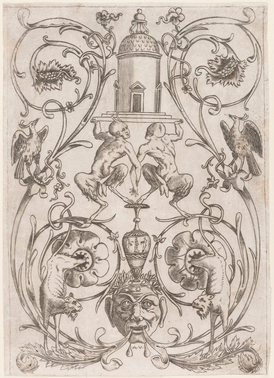 Groteskní Ornament se Satyry ze sady dvaceti ozdobných panelů od Agostino Veneziano