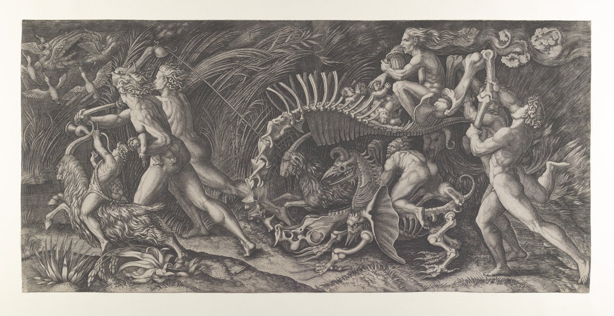 Lo Stregozzo: čarodějnice jedoucí na zvířecí kostře, předcházená dvěma muži a ..., ca. 1515-25. od Agostino Veneziano