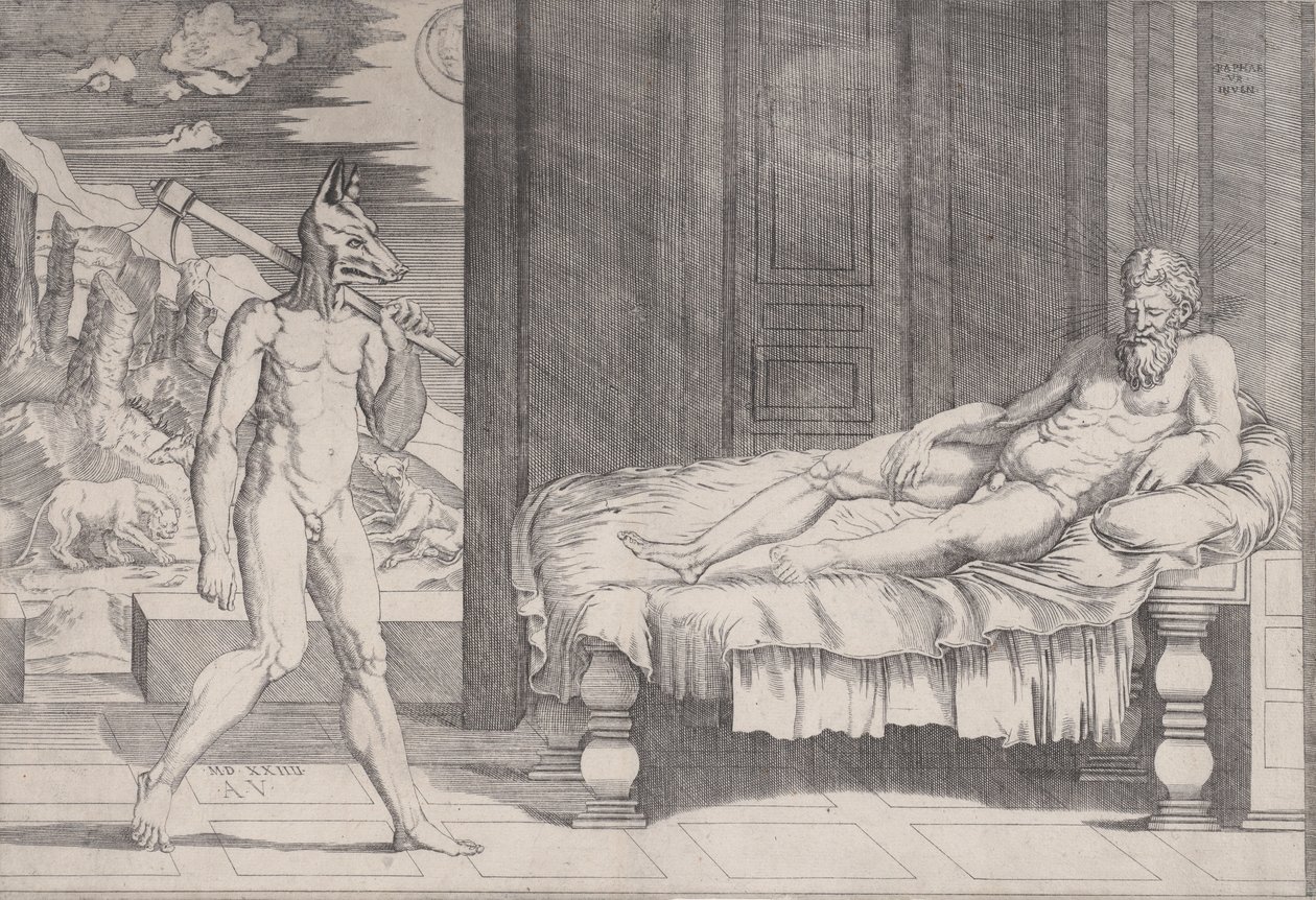 Lycaon proměněný ve vlka, datovaný 1524. od Agostino Veneziano