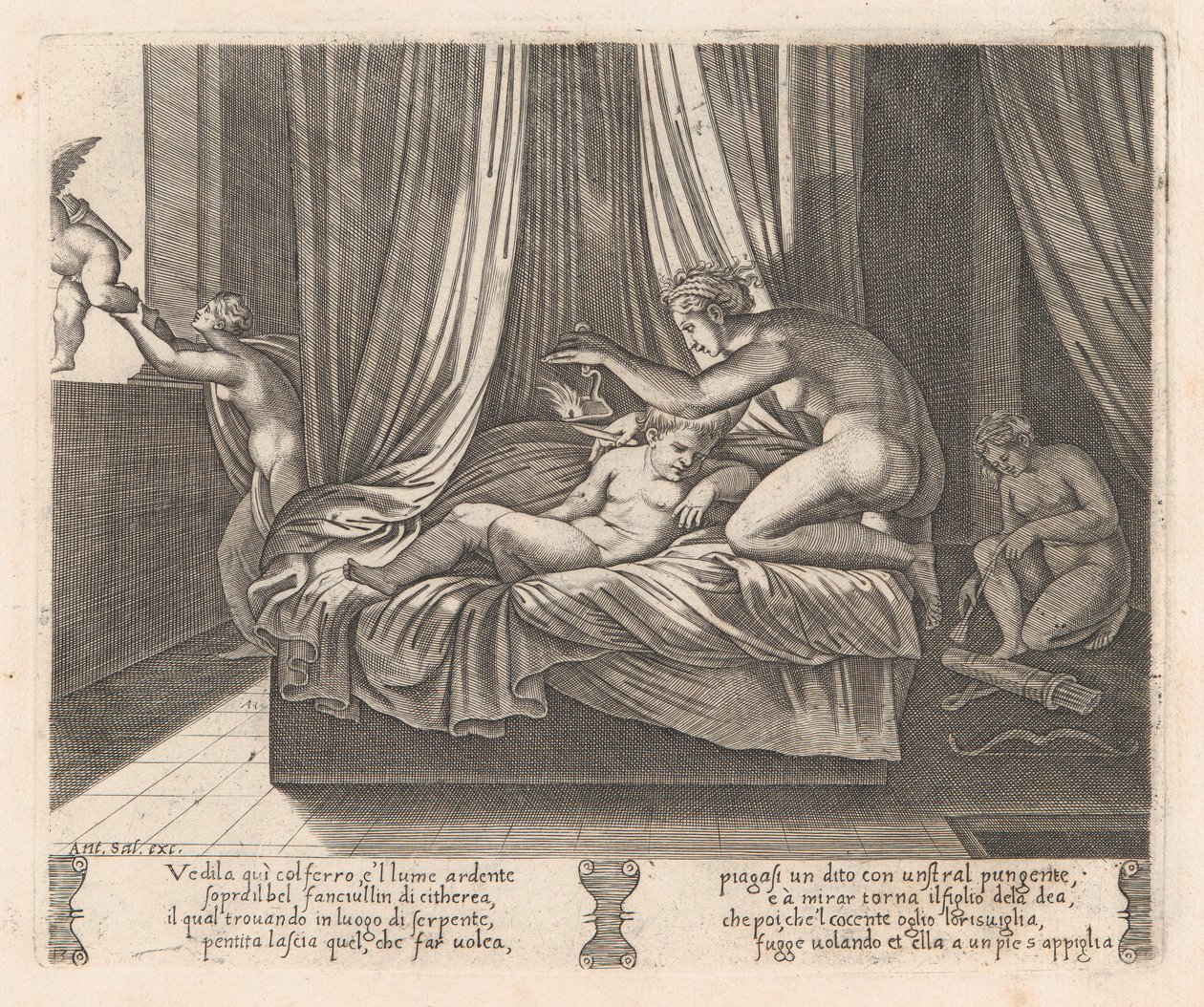Talíř 13: Psyché při pohledu na Amora, z Příběhu o Amorovi a Psyché, jak jej vyprávěl Apulei..., 1530-60. od Agostino Veneziano