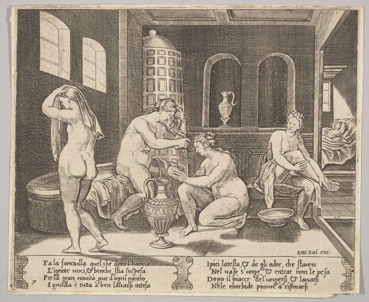 Talíř 7: Psyche navštěvovaná ve své koupeli nymfami, v pozadí vpravo Psyche repr..., ca. 1520-36. od Agostino Veneziano