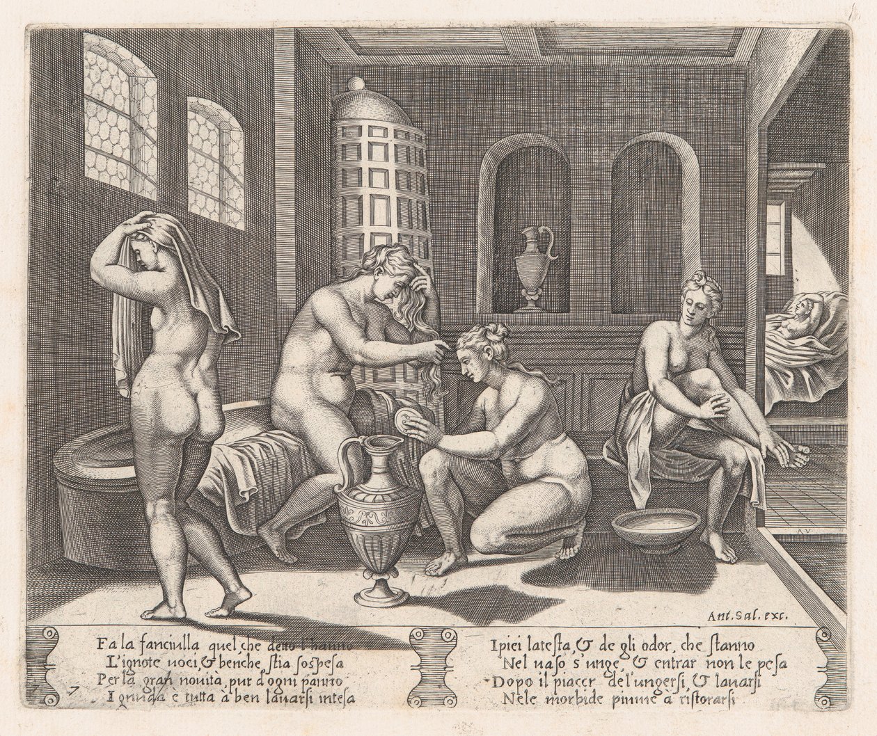 Talíř 7: Psyché navštěvovaná ve své koupeli, z Příběhu Amora a Psyché, jak jej vyprávěl Apu..., 1530-60. od Agostino Veneziano