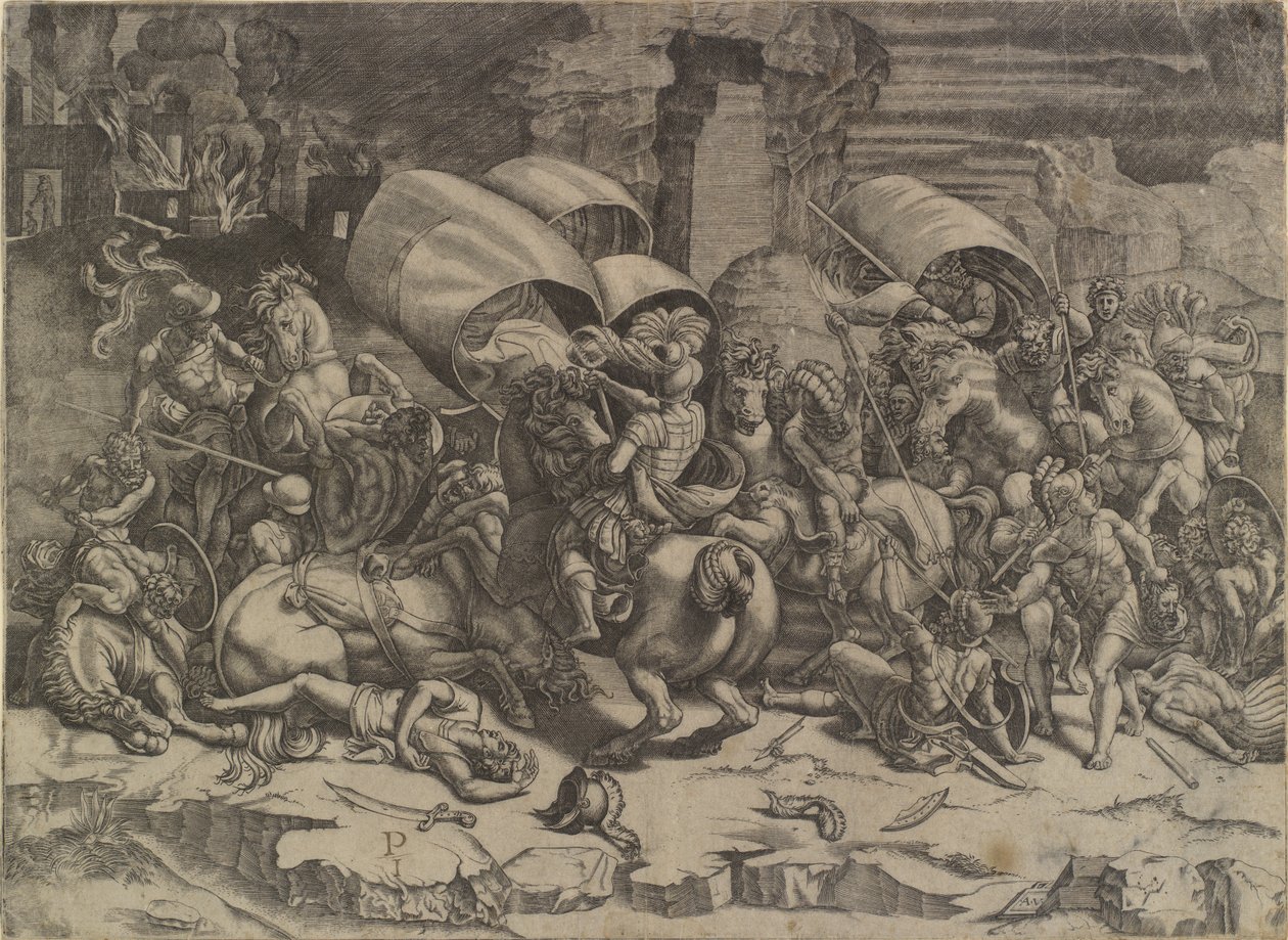 Bitva mezi Scipio Africanus a Kartaginci ("La bataille au coutelas") od Agostino Veneziano