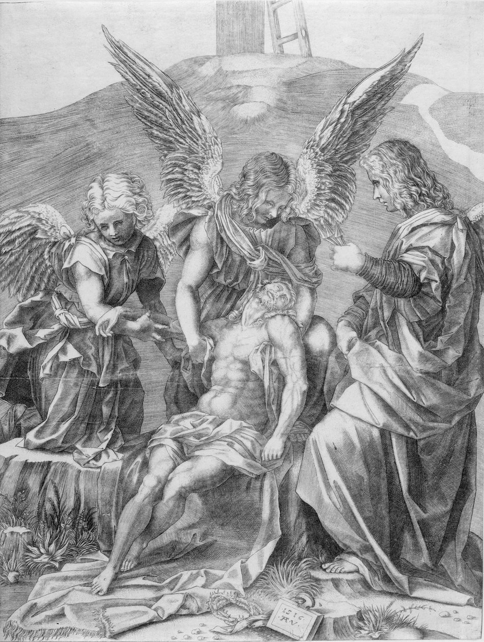 Tělo Kristovo podepřené třemi anděly, 1516. od Agostino Veneziano