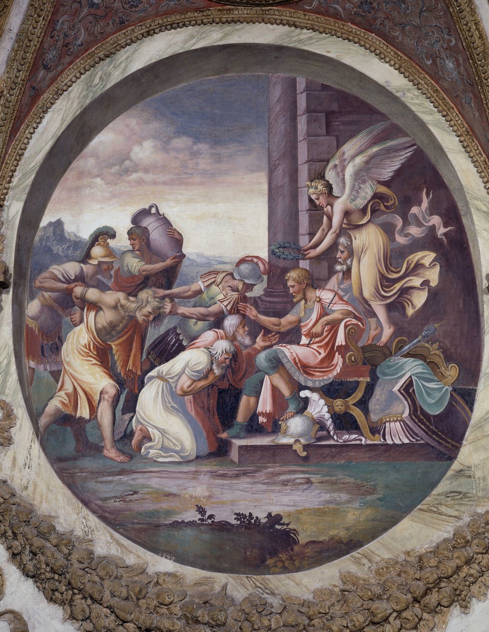 Znamení Vodnáře (souhvězdí Orla): scéna triumfu, velkých válečných ctností. Freska od Agostina da Mozzanega (činný v letech 1527-1539) 1528. Síň větrů (nebo zvěrokruhu) Palazzo del Te, Mantova (Mantova) od Agostino da Mozzanega