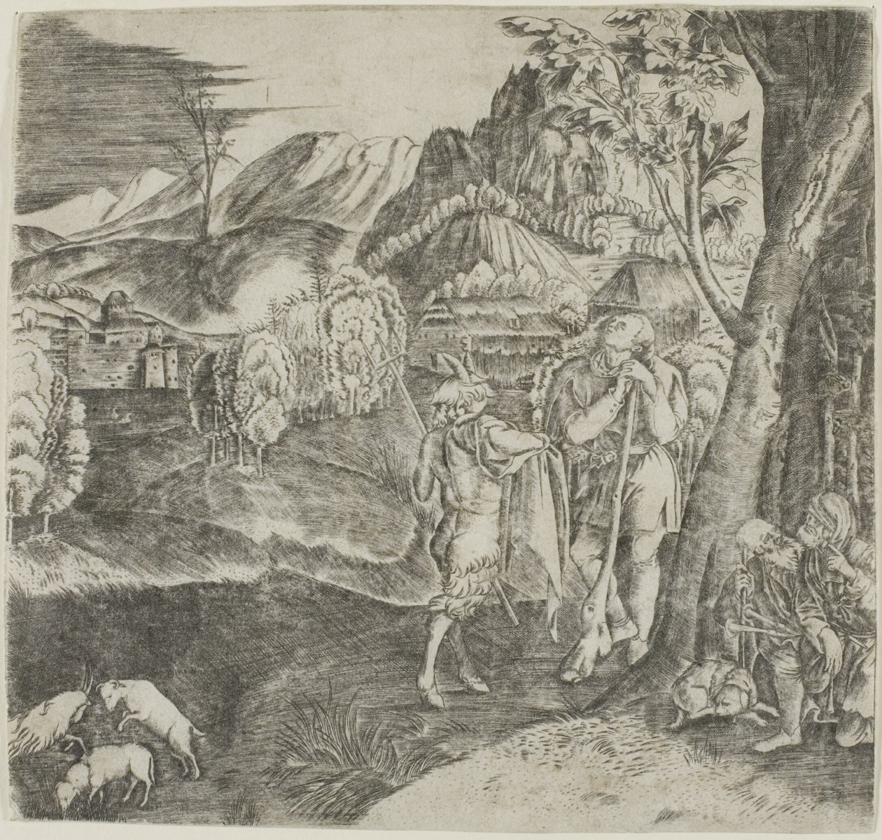 Pastýři a satyr v krajině od Agostino dei Musi