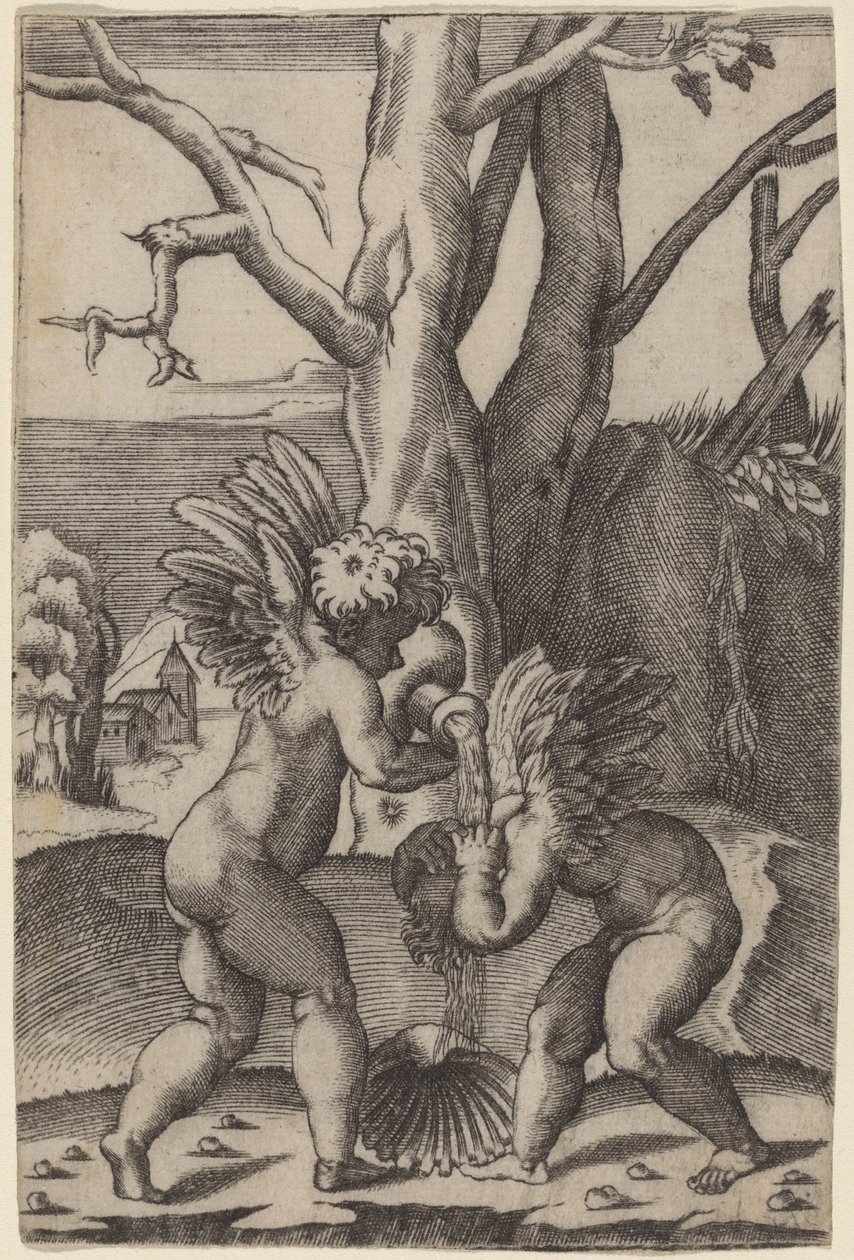 Dvě lásky od Agostino dei Musi after Raphael