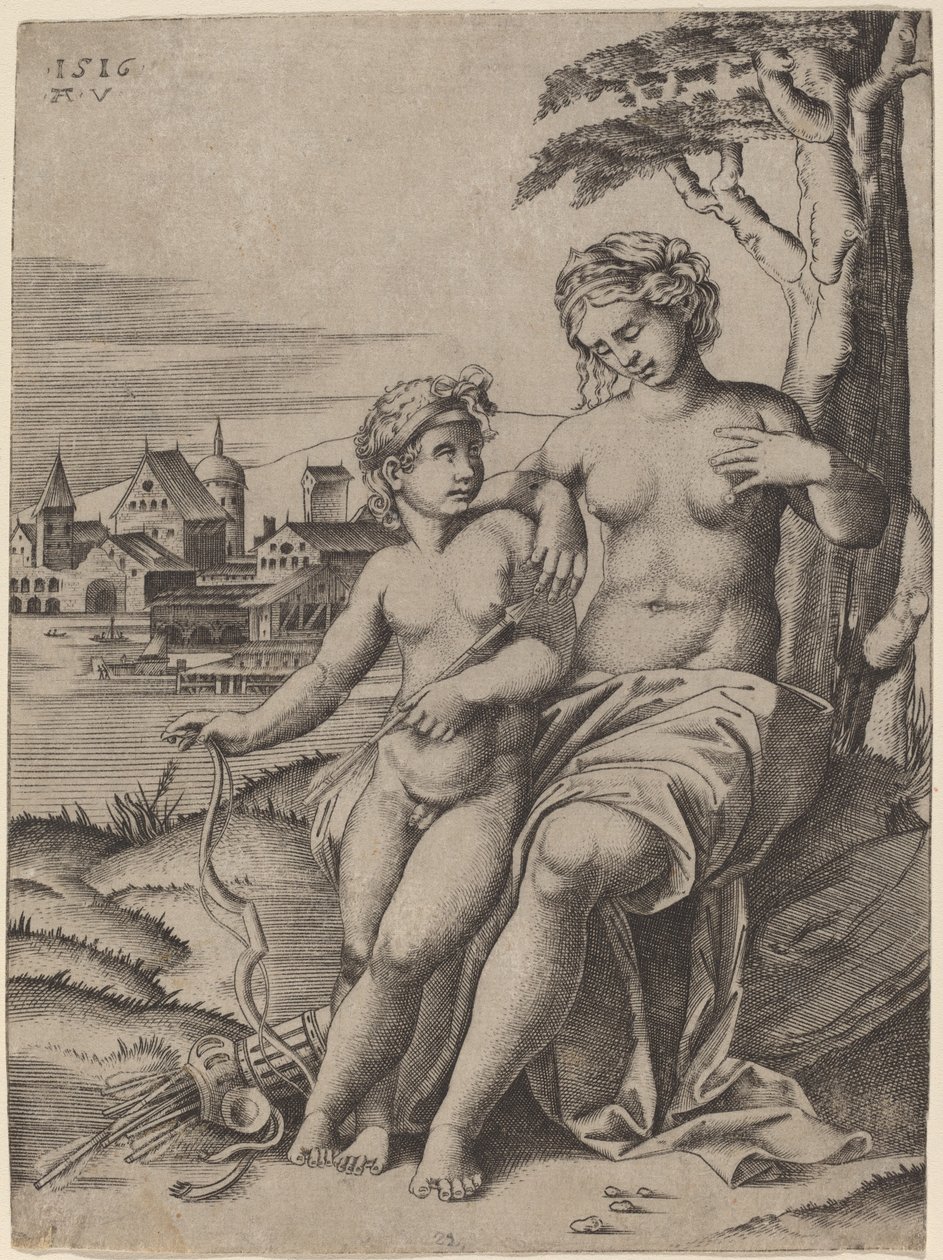 Venuše a Amor od Agostino dei Musi after Raphael
