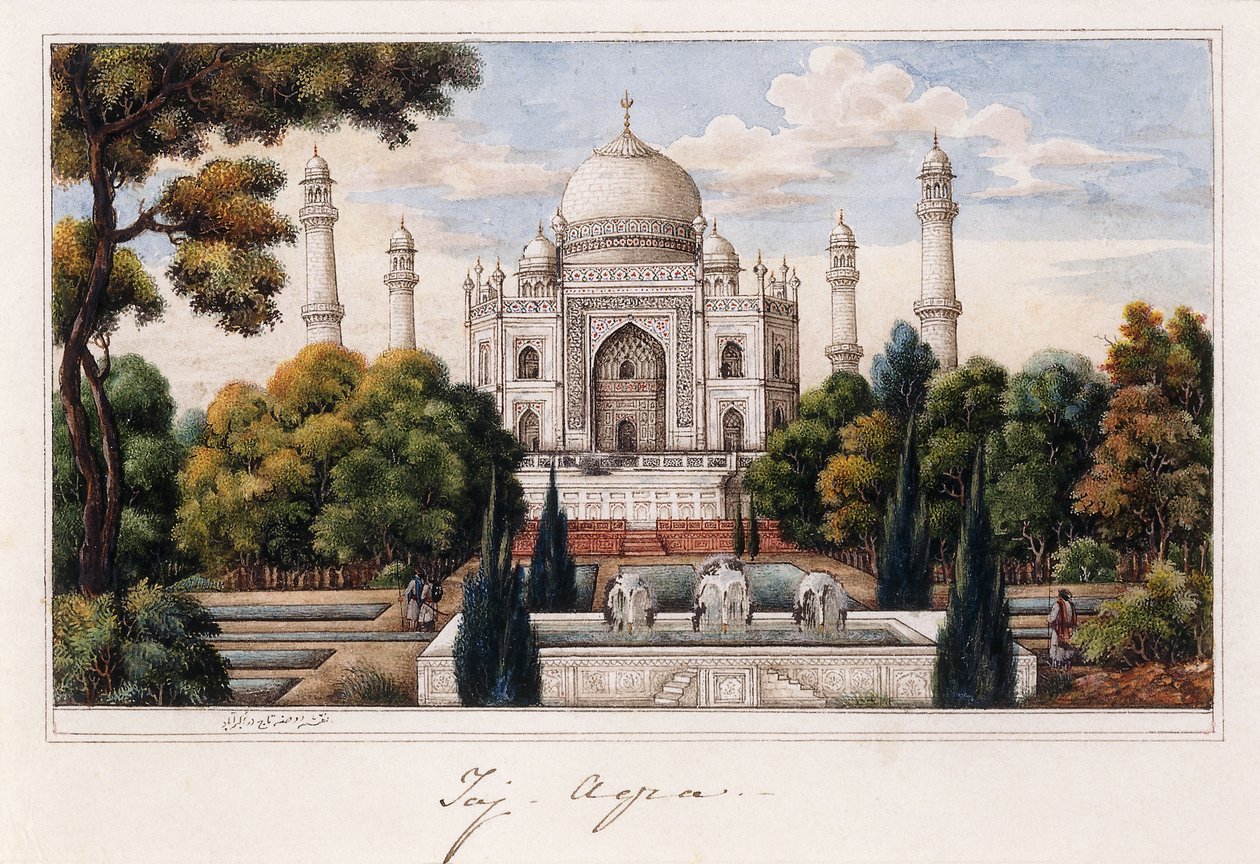 Taj Mahal ze zahrady, cca 1840 (pero a šedý inkoust, w/c, zvýrazněný doteky bílé,) od Agra School