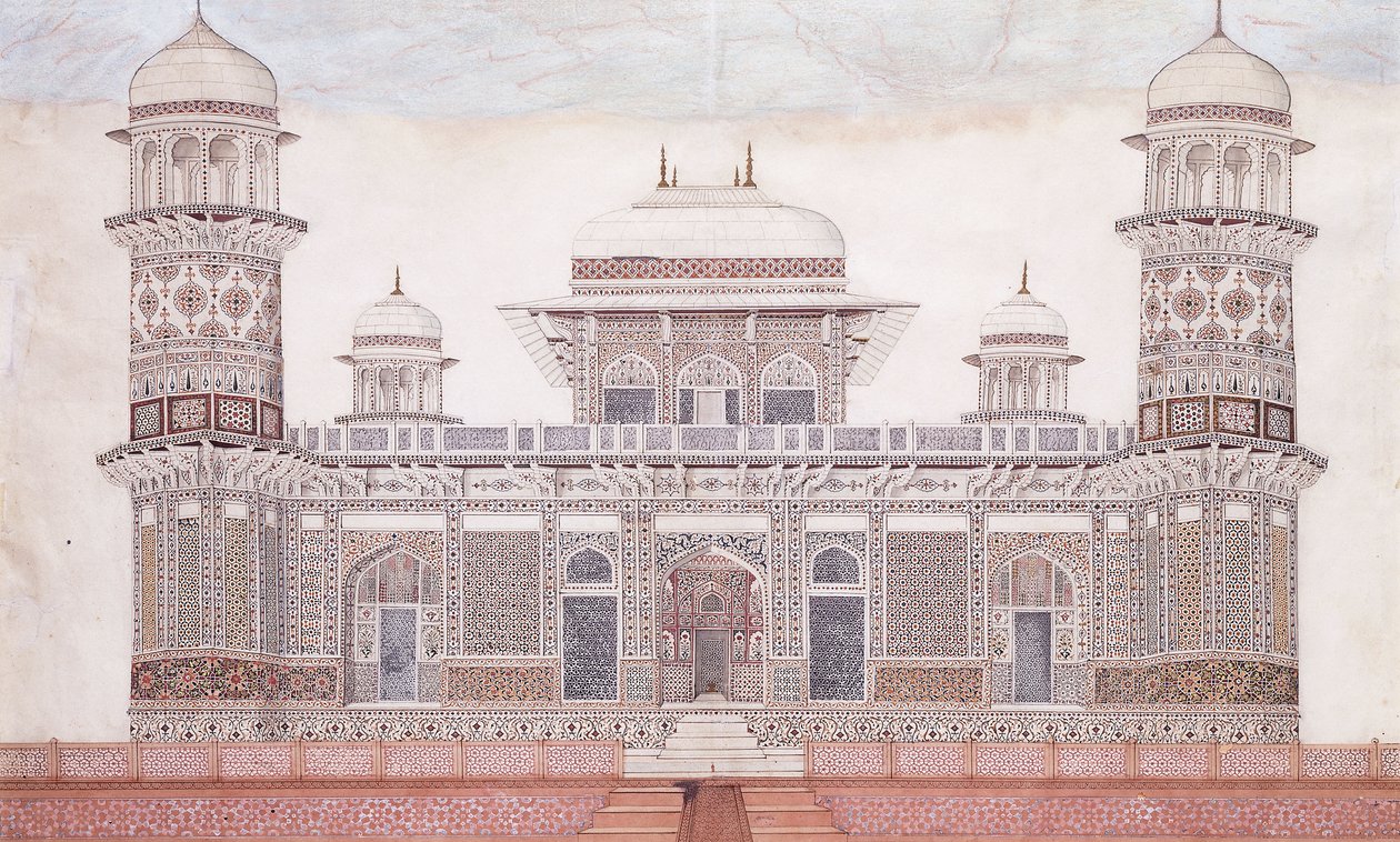 Hrobka Itmad-ud-daula, kolem roku 1815 (cihla, pero a černý inkoust, w/c, zvýrazněno dotyky o) od Agra School