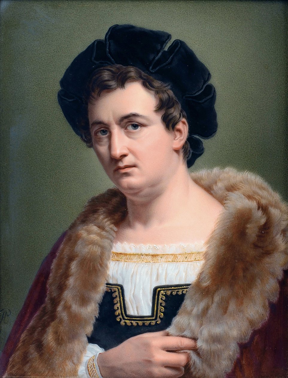 Portrét Francois-Josepha (Francois Joseph) Talma (1763-1826), francouzský herec, v roce 1822 - Portrét Francois-Josepha Talma (1763-1826) - Perlet, Aimee (aktivní 1824-1845) - 1823 - Kvaš na porcelánu - 18,5x14 – Soukromá sbírka od Aimée Perlet