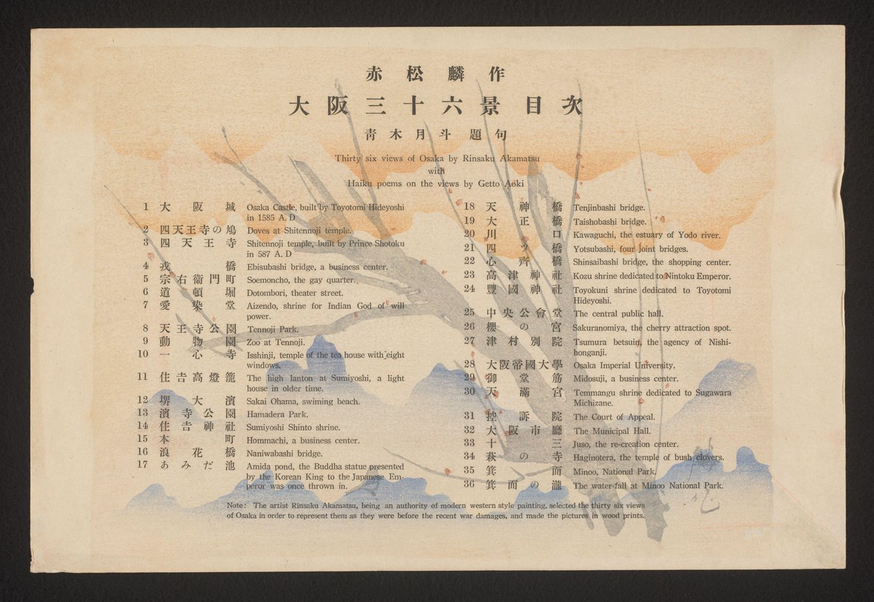 Index Třicet šest pohledů na Osaku od Rinsaku Akamatsu s básněmi Haiku na pohledech od Getto Aoki (název na objektu) Třicet šest tváří Ósaky (název série) Ôsaka sanjûrokkei (název série na objektu) od Akamatsu Rinsaku
