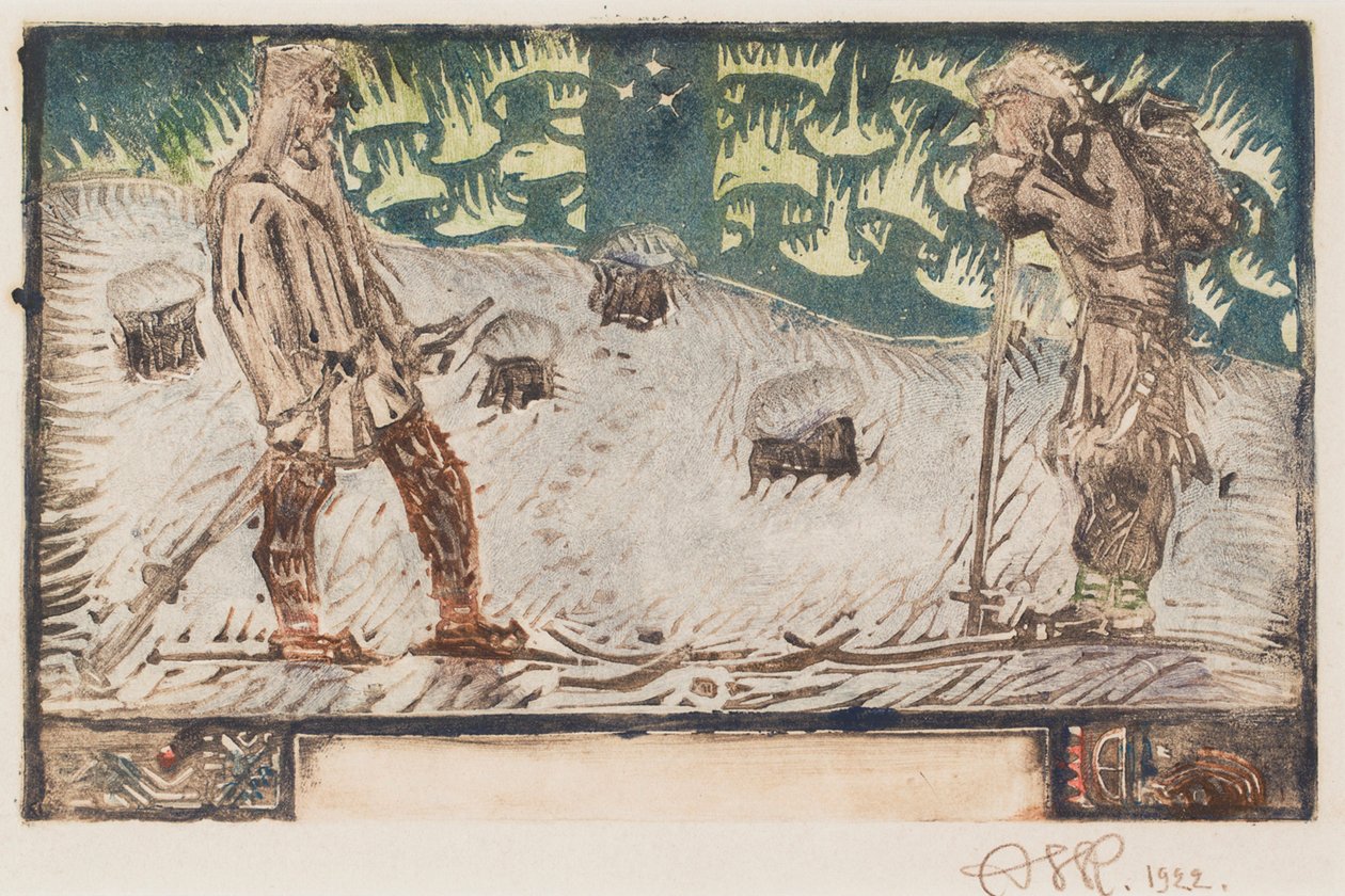 „Dva lyžaři“, titulní ilustrace k básni ve sbírce Velká Kalevala od Akseli Gallen-Kallela