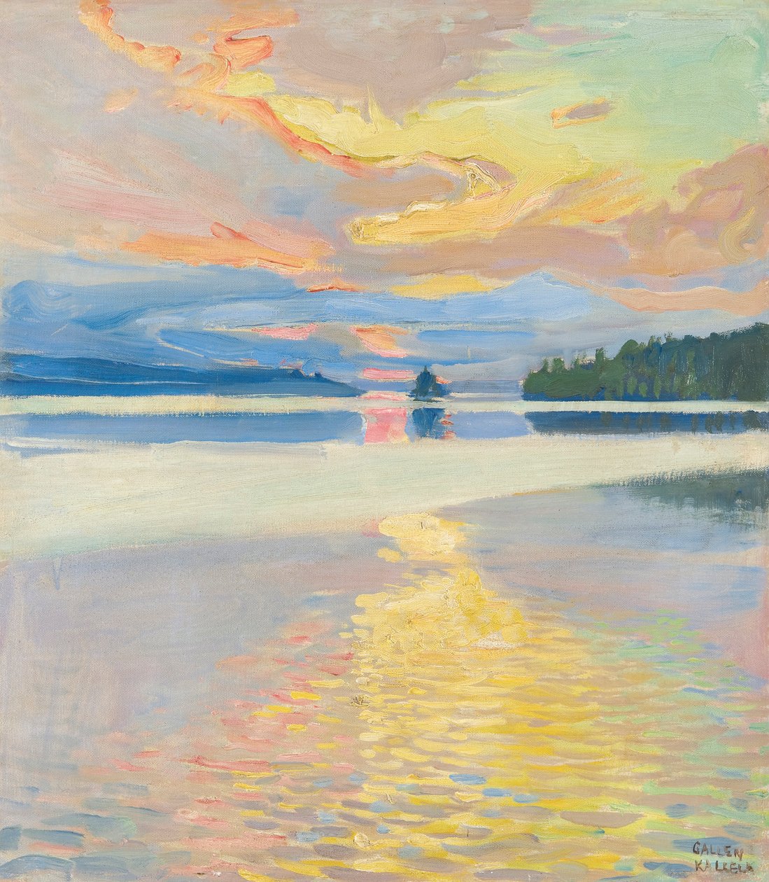 Západ slunce nad jezerem Ruovesi, c. 1915 (olej na plátně) od Akseli Valdemar Gallen Kallela