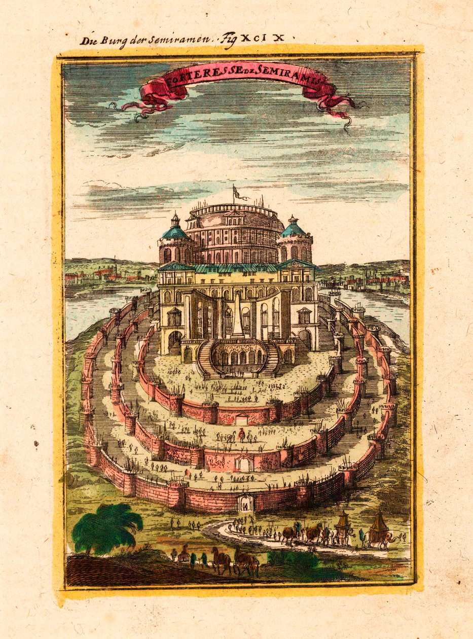 Pevnost a visuté zahrady legendární královny Semiramis v Babylonu - Pevnost Semiramis - mědirytina a akvarel od Alaina Manessona Malleta (1630-1706) od Alain Manesson Mallet