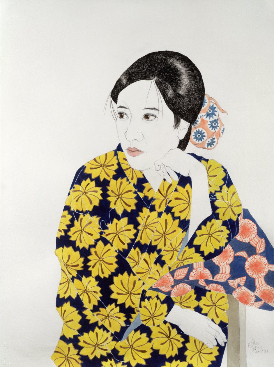 Žluté kimono, 1996 (inkoust, wc, kvaš a dřevěné uhlí na papíře) od Alan Byrne