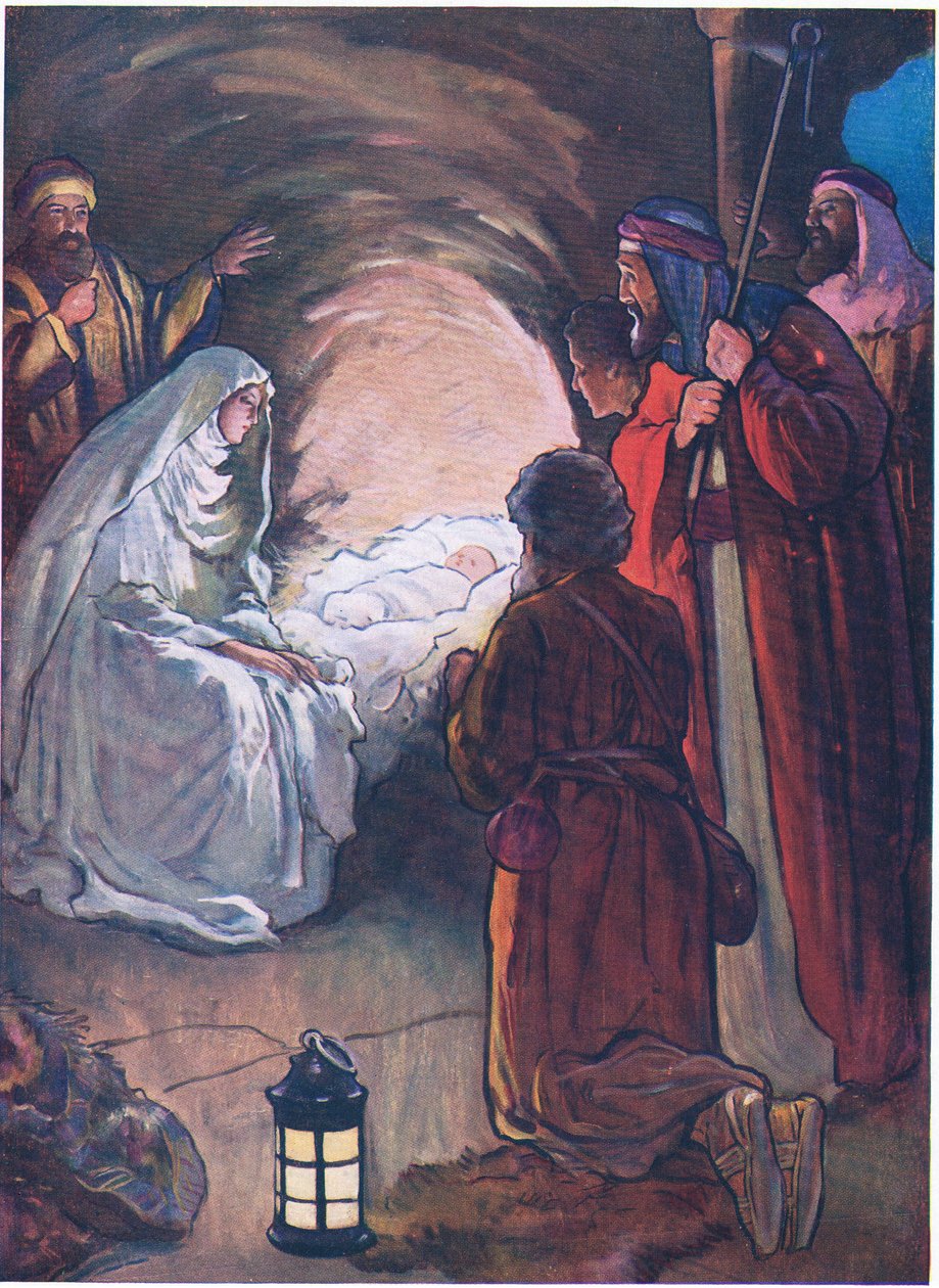 Ježíšek a pastýři, z knihy The Bible Picture Book vydané nakladatelstvím Thomas Nelson, cca 1950 (barevná litografie) od Alan & Stokes George Vernon (1873 1954) Wright