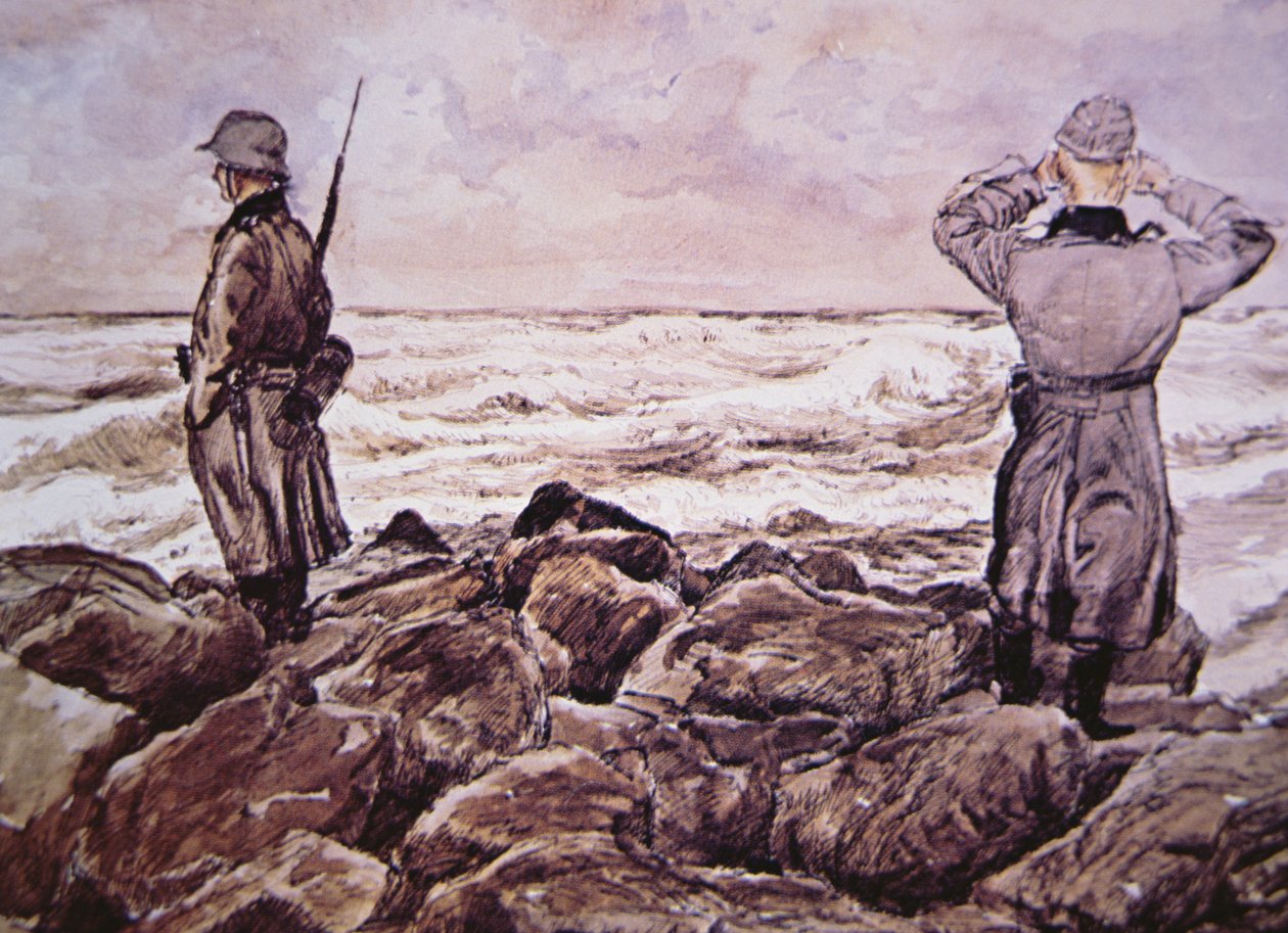 Dva Němci na pobřeží Francie se v předvečer tažení do Normandie dívají směrem k Anglii od Alban (after) Wolf