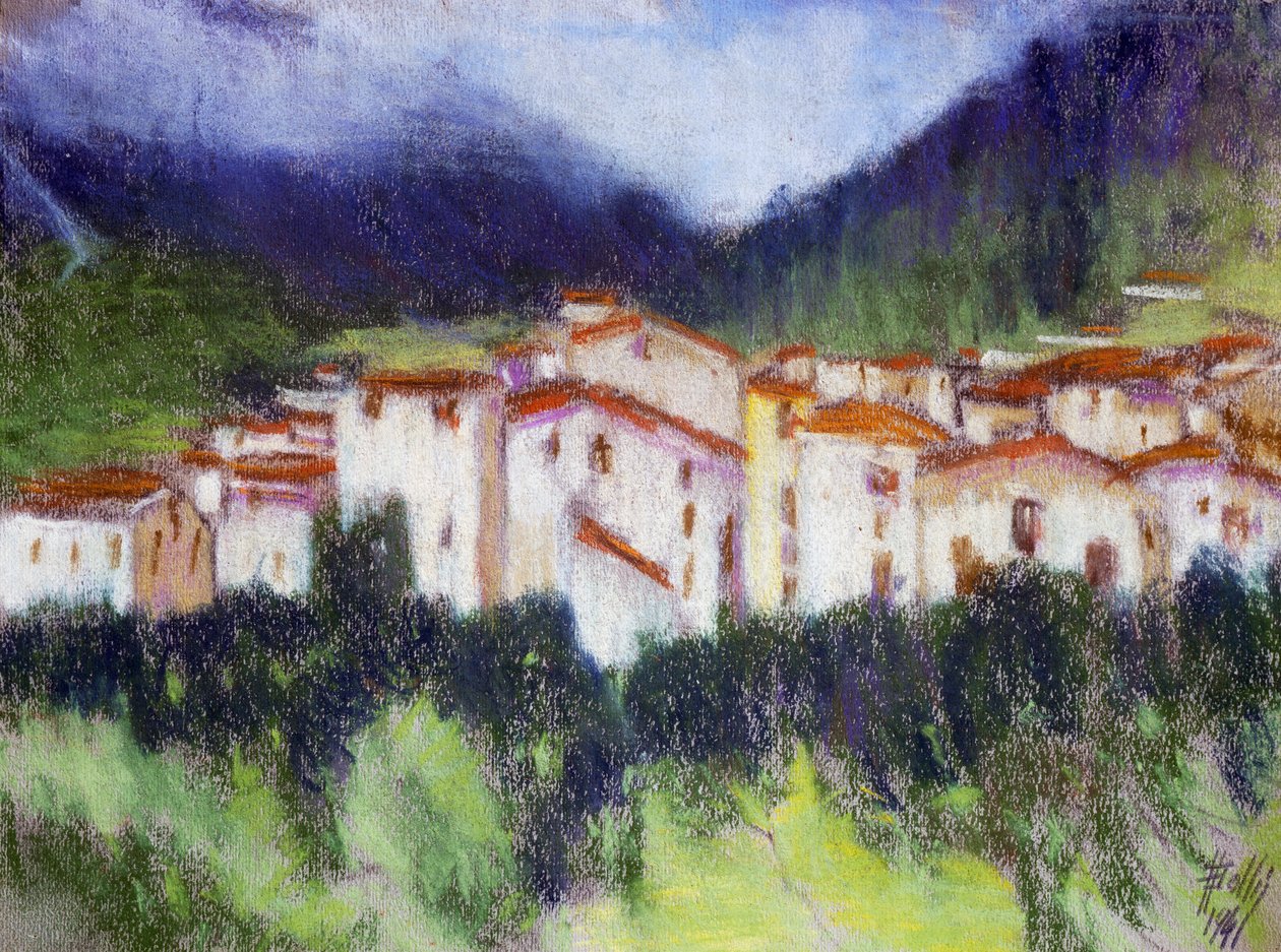 Alpská krajina, Alberico Balbi Valier (cca 1869-1910), pastel na papíře, 24x32 cm. Itálie od Alberico Balbi Valier