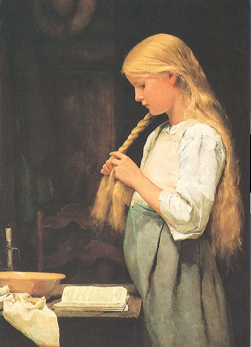Dívka splétající si vlasy od Albert Anker