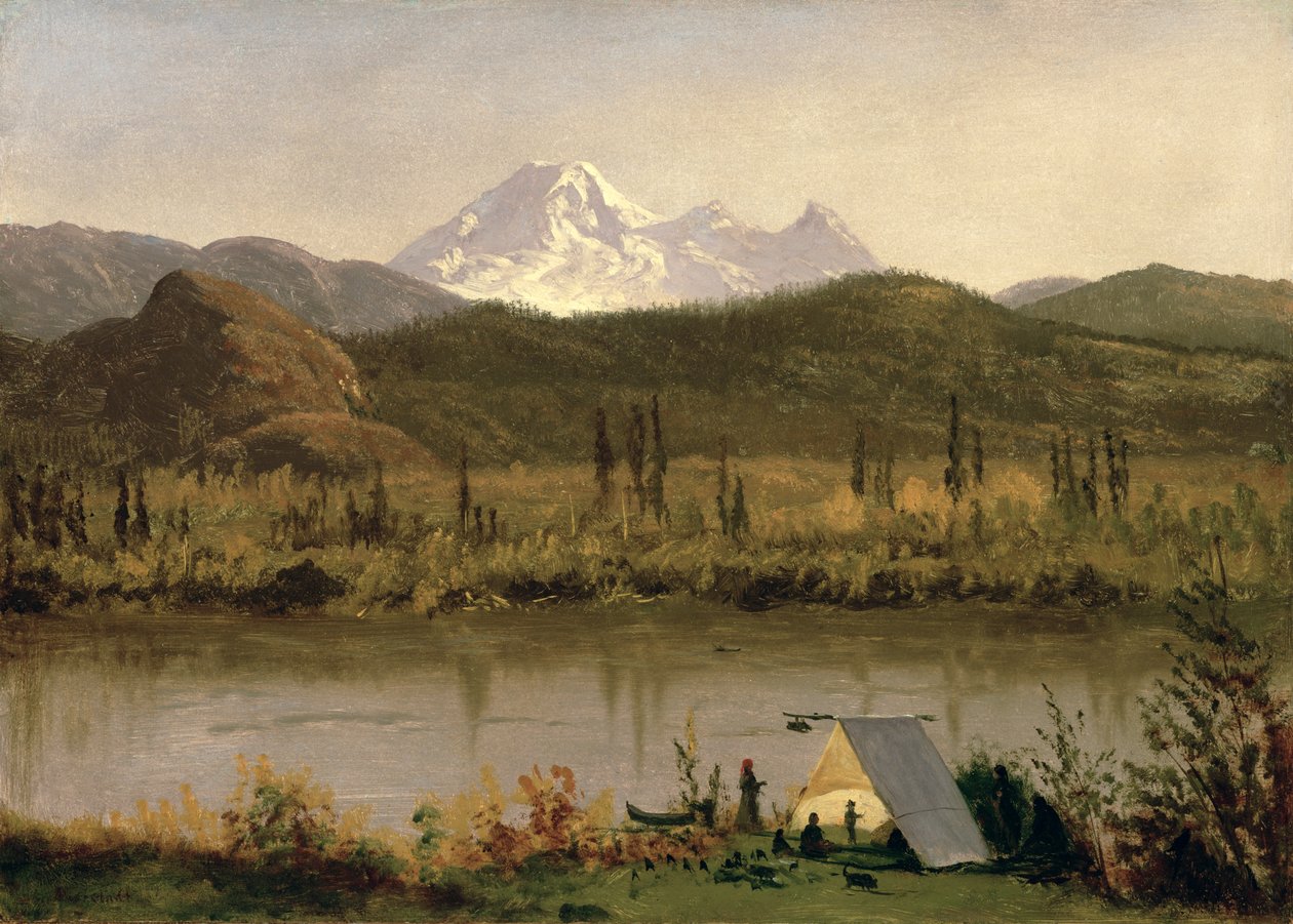 Mount Baker, Washington, od řeky Frazier, kolem roku 1889 (olej na papíře připevněné na plátně) od Albert Bierstadt