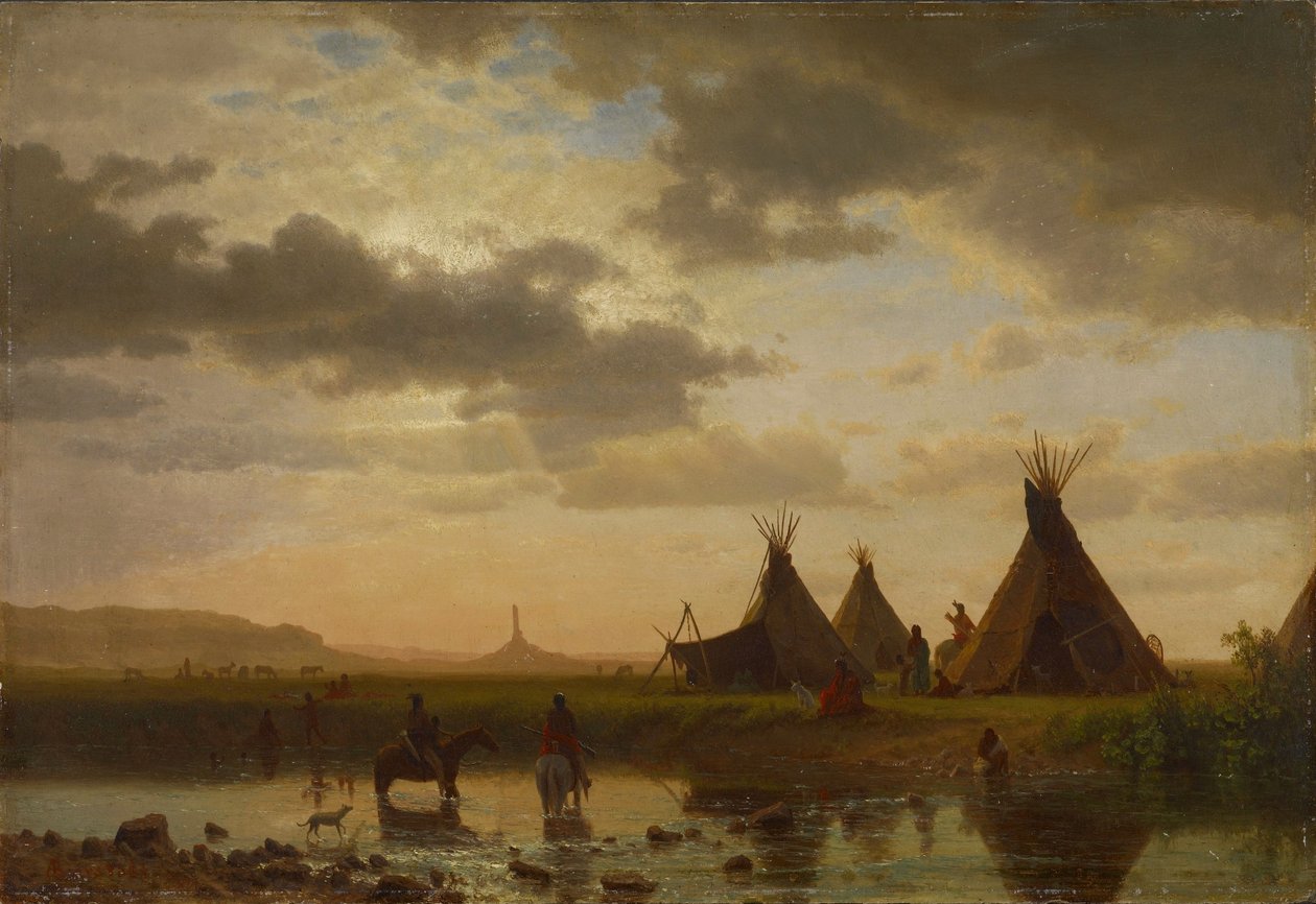 Pohled na Chimney Rock, Ohalilah Sioux Village v popředí od Albert Bierstadt