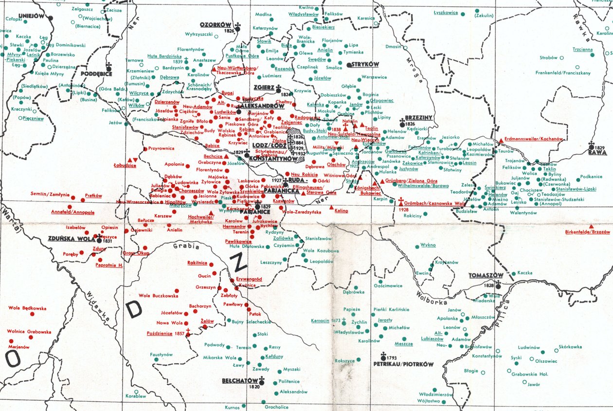 osady v roce 1938 kolem Lodže mezi řekami Warta (W), Bzura (N) a Pilica (SE) od Albert Breyer