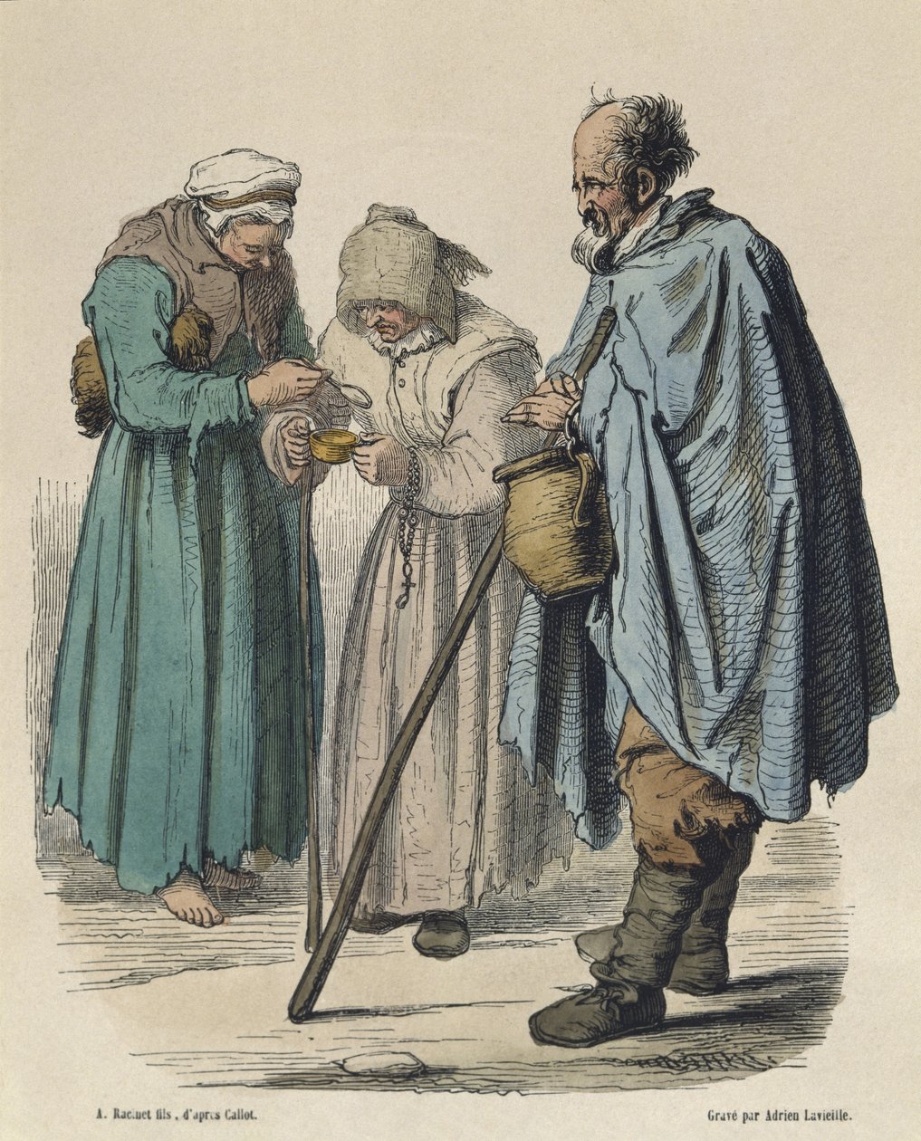 Žebráci, podle Jacquese Callota (1592-1635) vyryl Adrien Lavieille (1818-62) (barevná rytina) od Albert Charles August Racinet