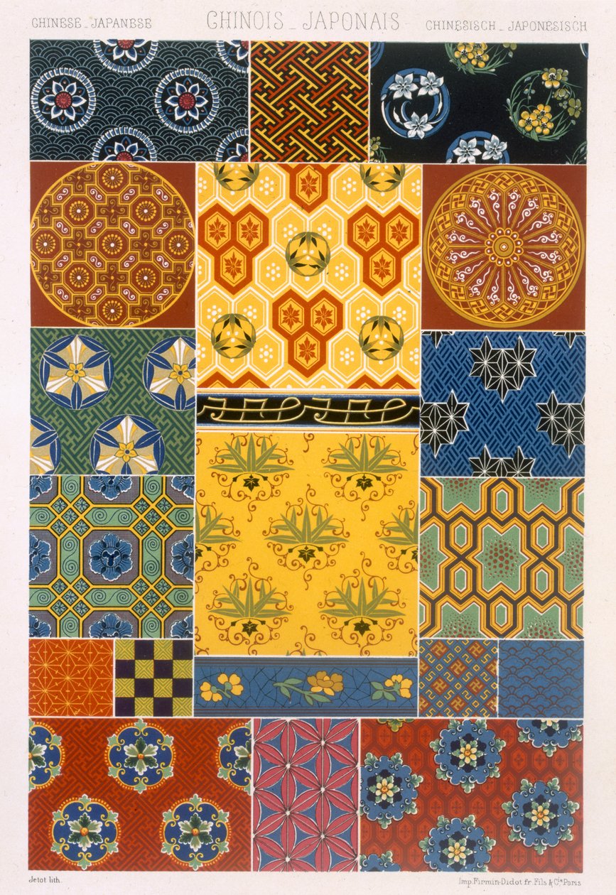 Čínský japonský styl, deska XV z „Polychrome Ornament“ publikovaná v Paříži 1869 od Albert Charles August Racinet